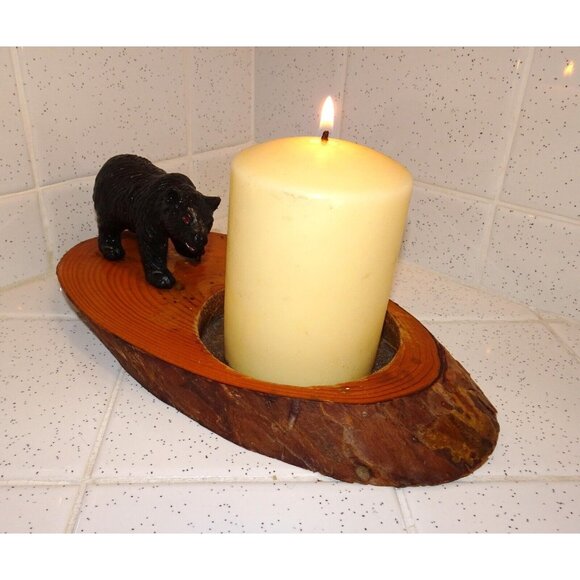 Vintage Log Slice Black Bear Candle Holder rustic primitive cabin decor man cave - Picture 4 of 13